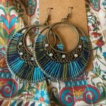 Boho Statement Earrings Bronze Filigree Blue Thread Wrap Large Drop Dangle Photo 4