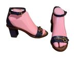 Tory Burch NAVY BLUE W/GOLD BUCKLE LEATHER SNAKESKIN-EMBOSSED HEELED SANDALS (6) Photo 5