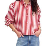 Madewell Women's Red and White Poplin Straight Hem Casual Button Up Shirt XS Photo 0