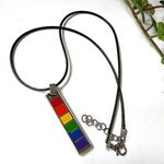 🌈 Silver Rainbow Bar Pendant on Black Leather Necklace Pink Photo 2