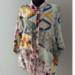 Calessa Top Size 1X Multicolor Aztec Button Front Southwestern Abstract Roll Tab Blue Photo 2