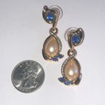 Crystaline Brand Elegant Vintage Gold Tone Blue CZ Faux Pearl Teardrop Earrings Photo 4