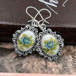 Blue Rose Cameo Earrings Stainless Steel Filigree Vintage Romantic Dangle Photo 6