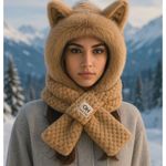 Tan Plush Hooded Scarf Hat With Animal Ears – Faux Fur Winter Wrap Tan Photo 1