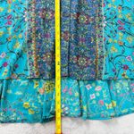 Lola P. Floral Button Down Top Long Sleeve Ruffle Hem‎ Bohemian Teal Size Medium Blue Photo 6