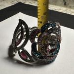 Gunmetal Tone & Rhinestone Flower Hinged Cuff Bangle Bracelet 6 3/4 Inch Photo 4