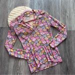 Vintage 1970’s mesh retro floral print disco collar button‎ down blouse Pink Photo 0