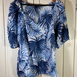 Talbots Plus Size 2X Linen Blue White Palm Leaf Print Blouse Top Resort Photo 0