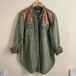 Anthropologie Sequin Shoulder Utility Shirt Jacket Olive Green Button Down XS Photo 3