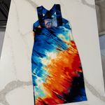 Venus Resortwear Open Back Halter Midi Dress Women’s Medium Blue/Orange Abstract Photo 4