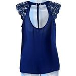 EXPRESS  Navy Crochet Flutter Sleeve Top O'Ring Tie‎ Open  Back NWOT  Small Photo 4