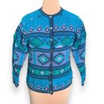 Vintage 90s Cardigan Sweater Round Neck Bright Blue Hand Knit Abstract Pattern Photo 2