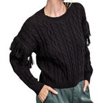 T Tahari Black Fringe Cable Knit Round Neck Sweater Size S Ribbed Cuffs Hem Photo 3