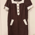 Vintage Brown & White Linen Short Sleeve Square Neck Shift Dress Tunic Photo 0