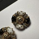 Vintage Laguna Black White Glass & Rhinestone Beaded Gold Tone Clip On Earrings Photo 5