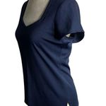 Vintage 80s Rina Stretch Knit Short Sleeve Top S Navy Blue V Neck Back Zipper Photo 2