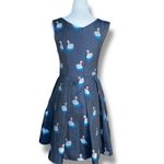 Retro Navy Blue Swan Print Sleeveless Fit and Flare Dress Bow Detail V Neckline Photo 2