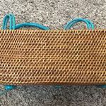 Elliott Lucca Turquoise green leather trim straw rattan woven stiff basket bag Photo 3