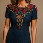 Laurence Kazar VTG  Black Beaded Sequin Design Silk Dress S Photo 6