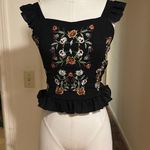 NWOT Floral Embroidered Black Ruffle Top Size XS Photo 0