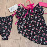 Betsey Johnson  Black Hot Pink Floral Rose Lips Bikini Ooh La 3 Pc Set Sarong NEW Photo 0