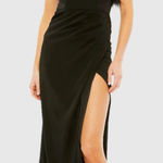 Mac Duggal 68147 Black Feather Trim One Shoulder Draped Midi Dress Size 10 NWT Photo 0