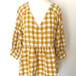 Maeve Anthropologie  April Mustard White Gingham Babydoll Blouse 3/4 Sleeve SP Photo 1