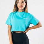 Alphalete  Womens M Short Sleeve Boxy Crop Top Aqua Blue Pump Cover Oversized New Photo 0