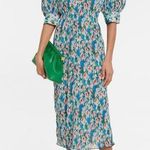 Ganni Floral Pleated Puff Short Sleeves V Neck A- Line Georgette Midi Dress M Photo 0