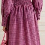 Ganni $400  Shirred Gingham Seersucker V-Neck Midi Dress Pink/Black Sz 36 / US 10 Photo 1