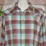 Wrangler  XL Pink Blue Brown Plaid Western Pearl Snap Shirt Embroidered Rhineston Photo 1