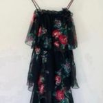 Vintage Chiffon Dark Floral Maxi Midi Dress ILGWU Womens Union Ruffle Spaghetti Strap Black Flower Size 8 Photo 5