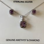 NWT Elegant Sterling Silver Genuine Amethyst and Diamond Necklace & Earrings Set Purple Photo 1