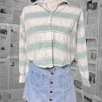 American Eagle  Striped Cropped Button Down Shirt Women's Small Green Cotton Photo 0