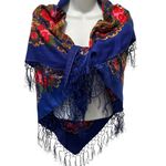 Large Boho Floral Shawl Cloak Wrap Scarf Blue Red Pink Fringe Sz 38X38” Bright Photo 1