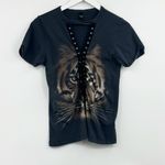 Windsor  V Neck Lace Up Tiger Short Sleeve Shirt XS Photo 5