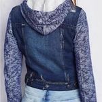Free People Distressed Denim Jacket Knitted Sleeves Hood XS Excellent Condition Photo 4
