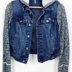 Free People Distressed Denim Jacket Knitted Sleeves Hood XS Excellent Condition Photo 3