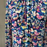 Paco Rabanne Floral Pansy Button Up Mock Neck Peplum Blouse $800 40 8 Blue Photo 5