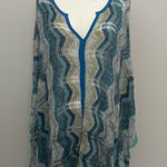Sigrid Olsen  Poncho Crocheted Open Knit Chevron Wool Art To Wear Blue Green Grey Photo 0