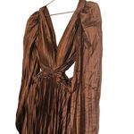 Ieena for Mac Duggal Brown Long Sleeve Pleated Full Skirt Cut Out Sides Gown 6 Photo 5