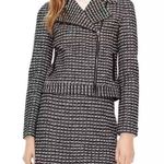 Tory Burch  Tweed Moto Jacket Black Knit Zip Front Leather Trim Small Old Money Photo 0