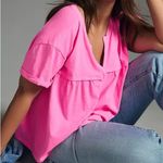 Pilcro NWT  Anthropologie Babydoll Henley Neon Pink Short Sleeve V Neck Top Photo 0