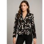 Cache  Blazer Jacket Small Abstract Print Fitted Side Laced‎ Up Brown Black Ivory Photo 1