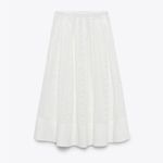 ZARA New High Waisted White Bohemian Embroidered Eyelet Lined Midi Skirt Size M Photo 5