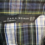 ZARA  Woman navy/green plaid long sleeved button front blouse, size XXL EUC Photo 5