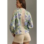 Anthropologie  Especia Lace Button Front‎ Marigold Top Blue Motif Size Small Photo 2