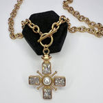 Chunky gold cross necklace with pearl and toggle clasp Photo 0