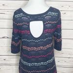 Free People Cropped Keyhole Sweater Top Size Medium Blue Stripe Wool Blend Photo 5