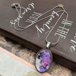 Handmade Purple Floral Art Oval Pendant Necklace | 18” Stainless Steel Chain Photo 2